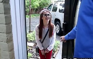 Tiny babysitter legal age teenager wearing glasses drilled hard by giant shlong