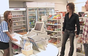 Beautiful Japanese store clerk gets fucked by 3 customers during opening noonday