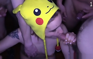 Cute teen wearing Pikachu hat gets several anal creampies