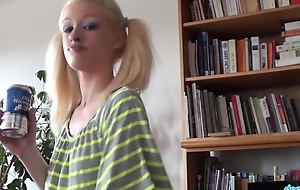 Blonde emo slut relating to pigtails strips in living room