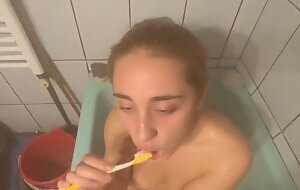 18 year old flaxen-haired drinking Brushing and swallowing piss