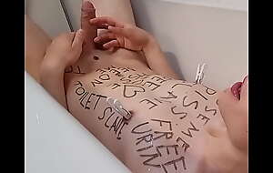 Teenage slave in the matter of bodywriting peeing all-over himself