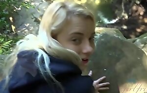 Blonde teen acquires drilled and sucks cock connected encircling a forest (Riley Star)