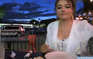 Lovely teen brunette Adria having a beverage in the dusk unserviceable plus talks in the matter of sex