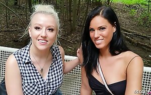 Two real German Teen talk to Amateur FFM 3Some take Public Park