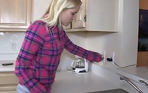 Cute legal age teenager tugjob in the kitchen