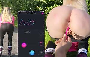 Remote controlled vibrator to the fullest exercising in public ends with hot anal