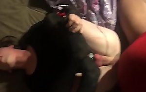 Smooth skinned crossdresser in Chasity taking big black cock