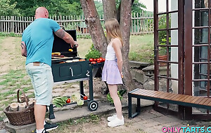 Hot Summer BBQ - Maya Gets Her First Outdoor Threesome