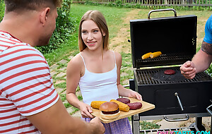 Cute Maya takes two big cocks at near hot summer BBQ