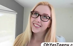 Nerdy teen Samantha fucked by a broad in the beam cock