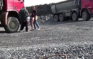 Cute juvenile chick public sex threesome with 2 guys handy a construction site